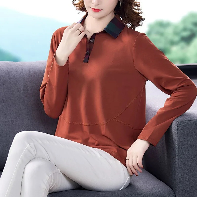 Spring and Autumn Womens Polo Collar Solid Button Panel Plaid Contrast Long Sleeve T-shirt Underlay Fashion Casual Loose Tops 240806