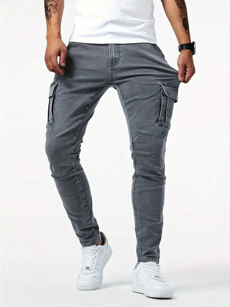 Street Elastic Jeans Men Denim Cargo Pants Wash Solid Color Multi Pockets Casual Mid Waist Trousers Slim Fit Daily Wear Joggers 240806