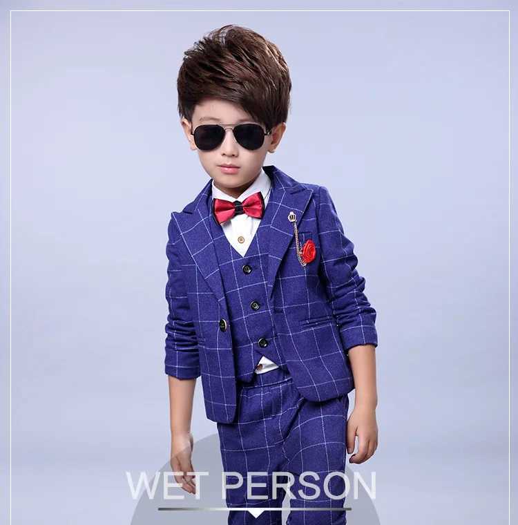 Suits Children Slim And Handsome Costume Jacket Pant Vest Bowtie 3 PCS Flower Boys Wedding Dress Kids Plaid Fashion Show Blazers Suit