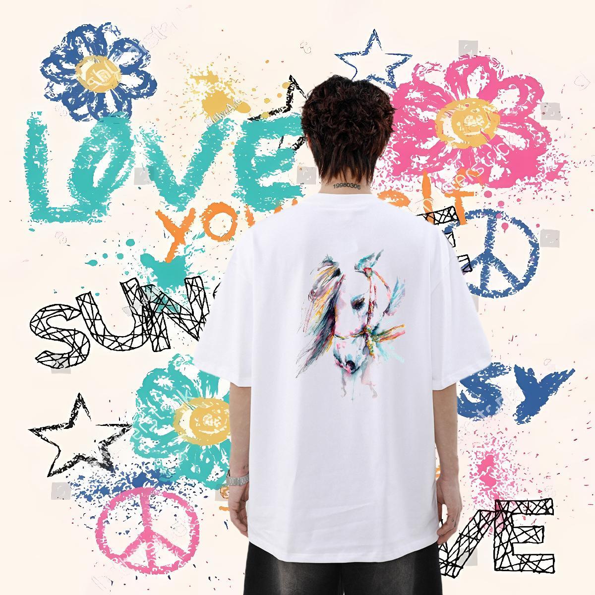 Fashion Mens T Shirts 100% Cotton 230g horse Hip Hop Street Tops Shirt Short Sleeve Soft Designer Tshirts DIY Logo Oversized