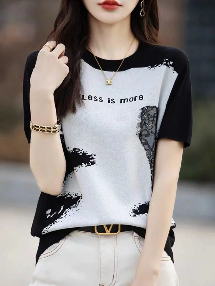 Summer High Quality Ice Silk Contrast Ink Painting Jacquard Fashion Western Knitted Short sleeved Womens T-shirt Bottom Top 240806