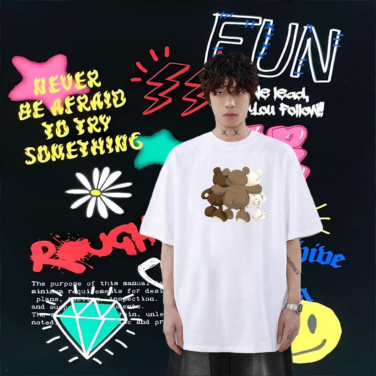 Fashion Casual T-Shirts 100% Cotton 230g bear Anime Printing Street Wear Breathable Short Sleeve Classic Tshirts Customized