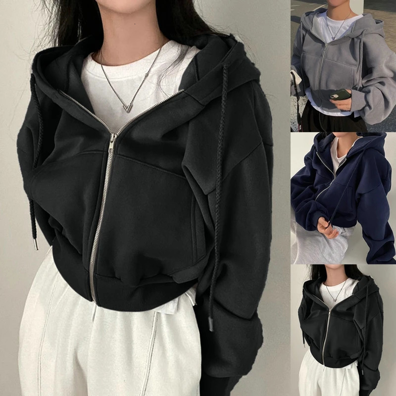 Harajuku Zip Up Hoodie Women Autumn Winter Sweatshirts Solid Long Sleeve Cardigan Streetwear Korean Casual Hooded Jacket Coats 240806