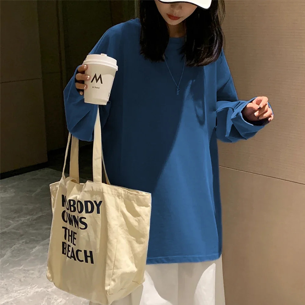 100% Cotton Spring Long sleeve T-Shirt Women Basic Tee Shirt Oversize T Shirt Women Casual O-neck Women Tshirt US size 240806