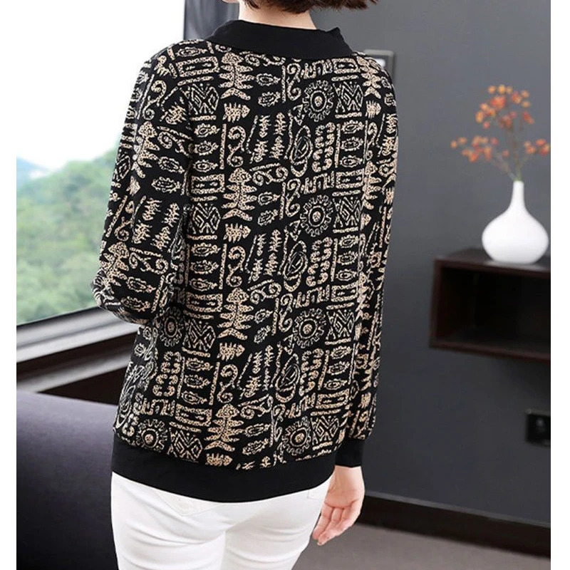 Womens Clothing Spring Autumn Fashion Print Elegant Cotton T-shirts Polo Collar Long Sleeve Loose Pullover Y2K Tops Female 240806