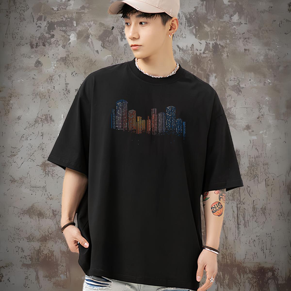 Free Shipping T-Shirts for Men 230g 100% Cotton Tall buildings High Street Hip Hop Tee Shirt Breathable Short Sleeve Designer Men Tees Customized Prin