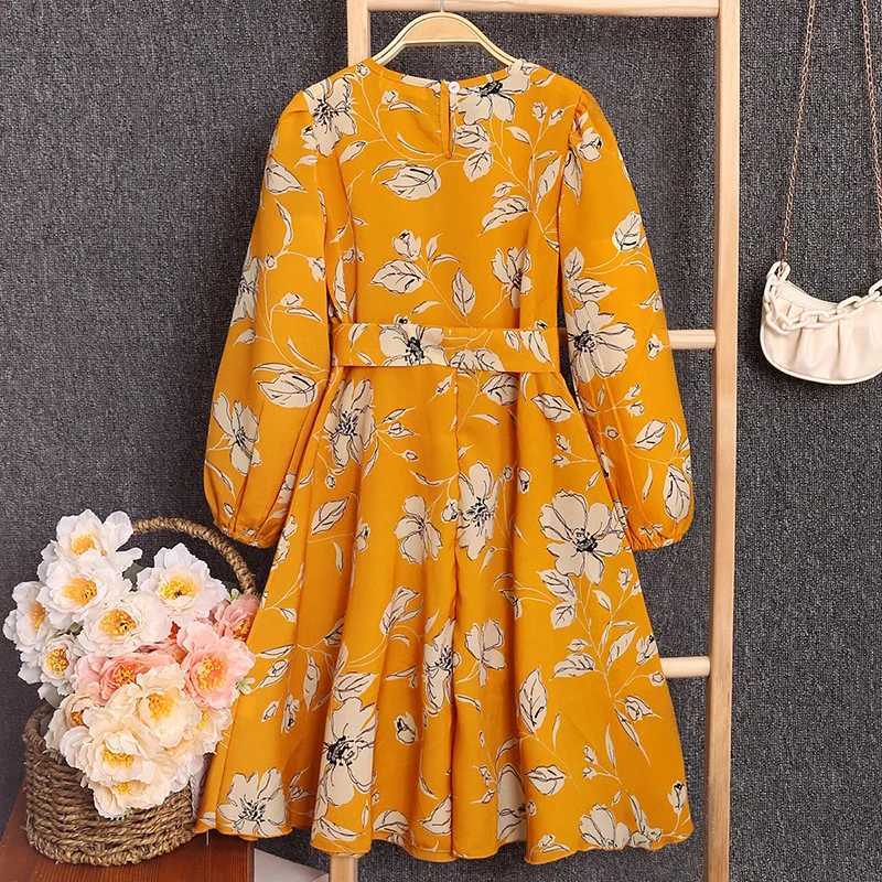 5-12Y Girl Spring and Autumn Style Long Sleeve Dress Plant Printed Round Neck Princess Dress Party DressW240720