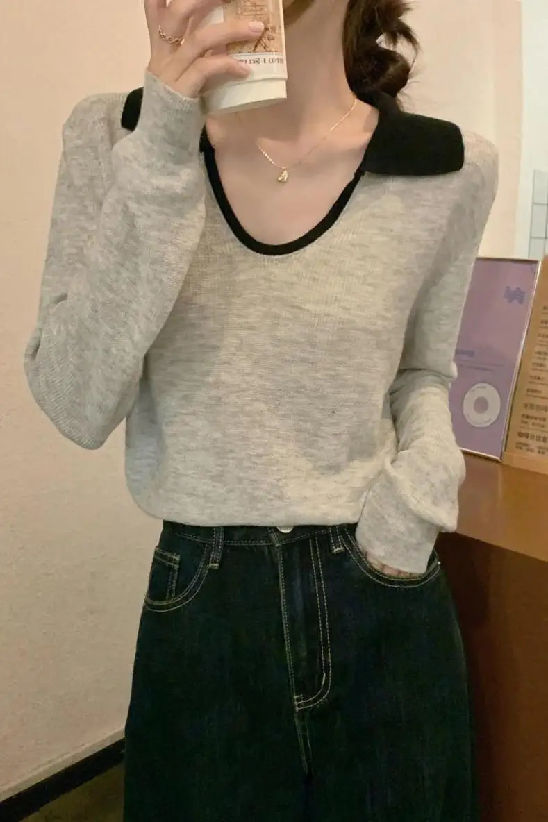 Womens autumn fashion polo neck compared to loose wool knitted long sleeved top Harajuku graphic T-shirt Y2k top 240827
