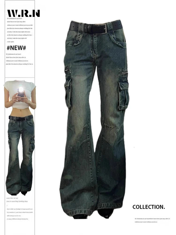 Cargo Pants Women Korean Fashion Big Pocket Femme Flare Pants Spring Summer Casual Mopping Denim Loose Jeans Trousers 240806