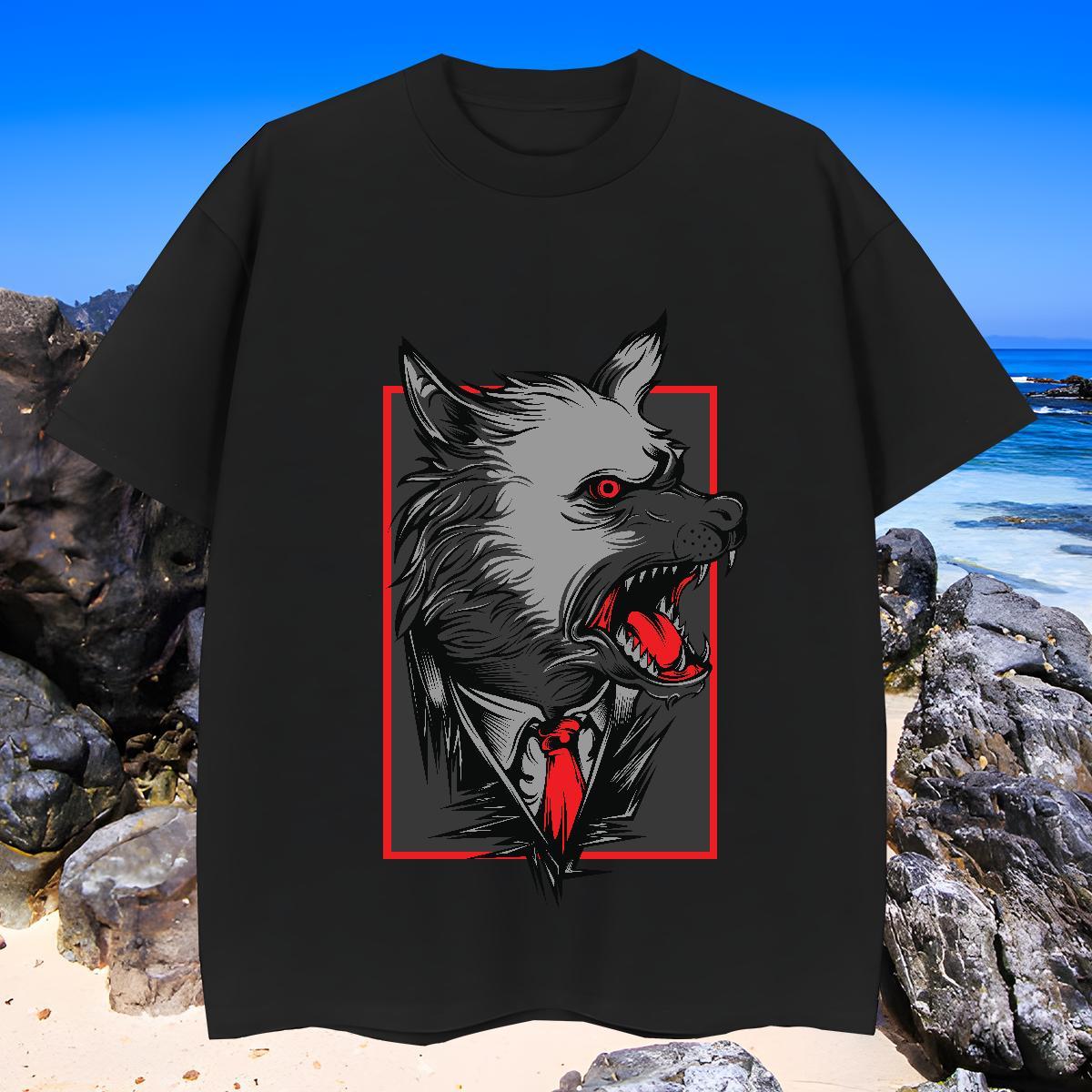 TOP Quality Mens Tshirts 230g Cotton wolf T Shirt For Man Casual Breathable Custom Print Oversized Fashion Design Tops Shirt