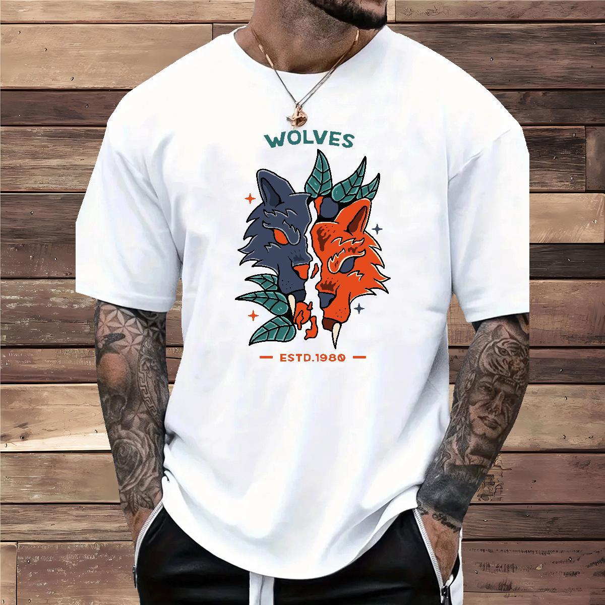 Comfortable Mens Tshirts 100% Cotton 230g wolf T-Shirts for Men Daily Wear O Neck Short Sleeves Anime Print 2024 Summer Tops Shirt