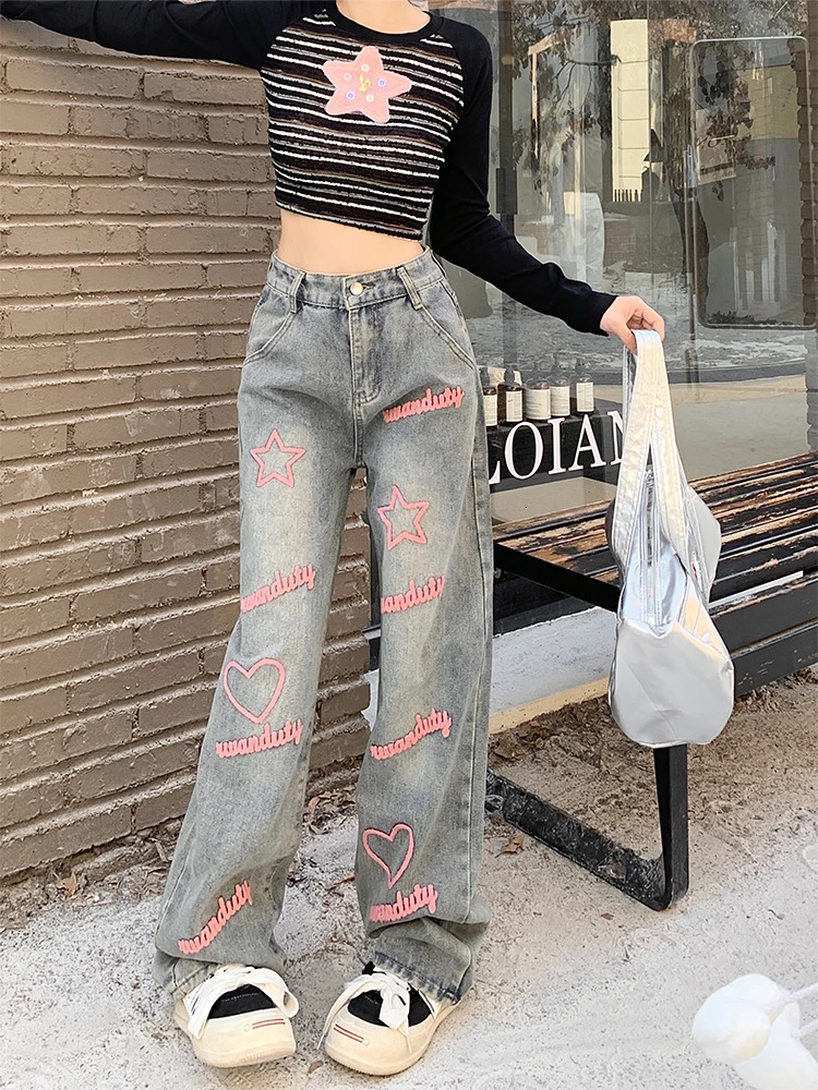 Womens Y2k Star Jeans Baggy Harajuku Aesthetic Denim Trousers Vintage Streetwear Jean Pants Japanese 2000s Style Trashy Clothes 240806