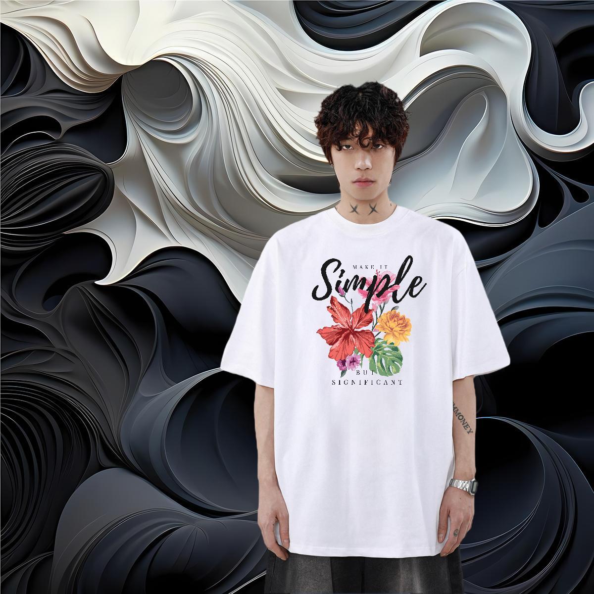 New Arrival Mens T Shirts 230g Pure Cotton flower Hip Hop Street Top Tees Breathable Loose Fit Men Clothes T-Shirt Asian Size