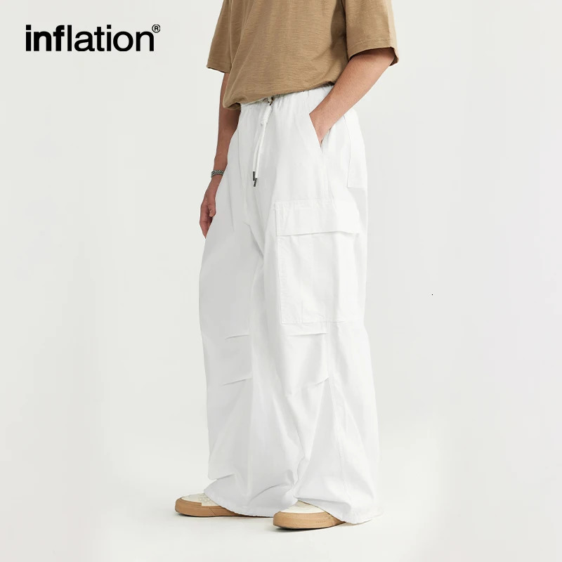 INFLATION Minimalism Washed Wide Leg Cargo Pants for Men Trendy Multi Pockets Casual Trousers 240806