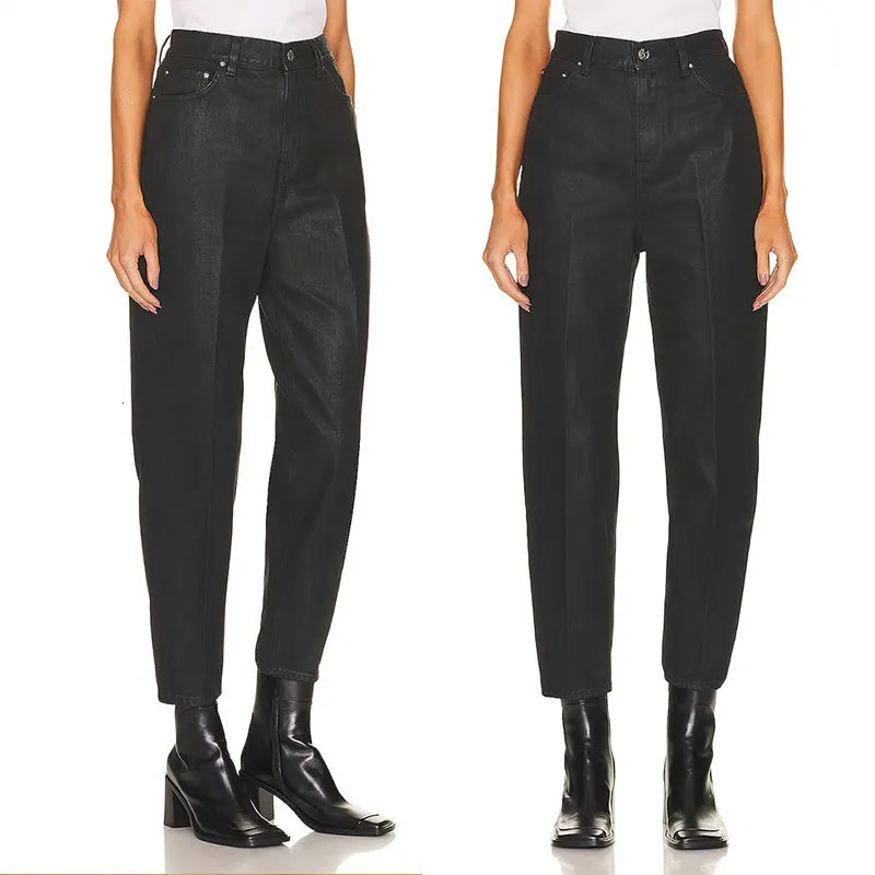 IOO of Spring TOT Pipe Stretch Straight Nine-point Coated Jeans Female High-waisted Thin 240806