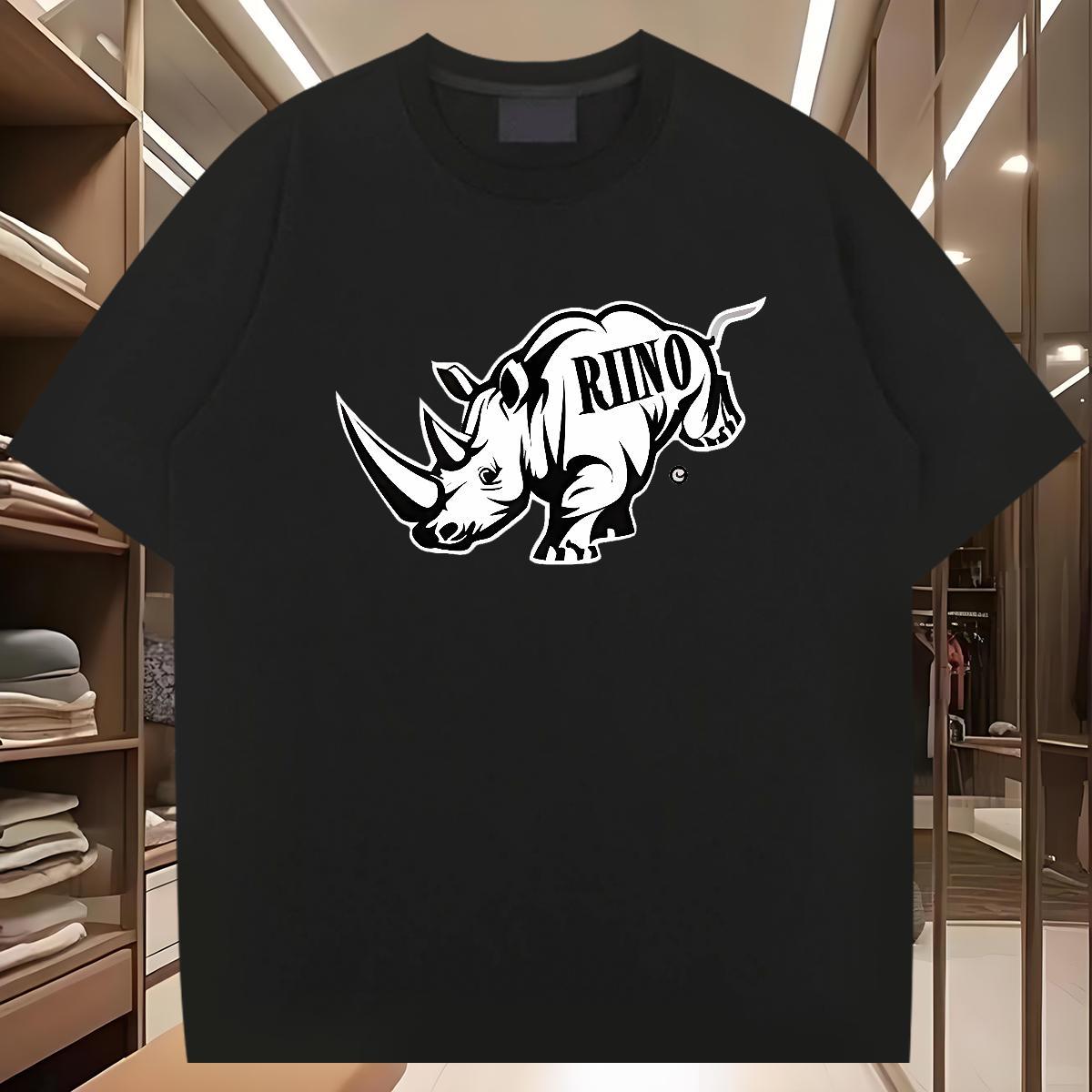 2024 Summer Men T Shirts 100% Cotton 230g rhinoceros Home Outdoor Tee Shirt O-Neck Short Sleeve Popular Tshirts Cartoon Print