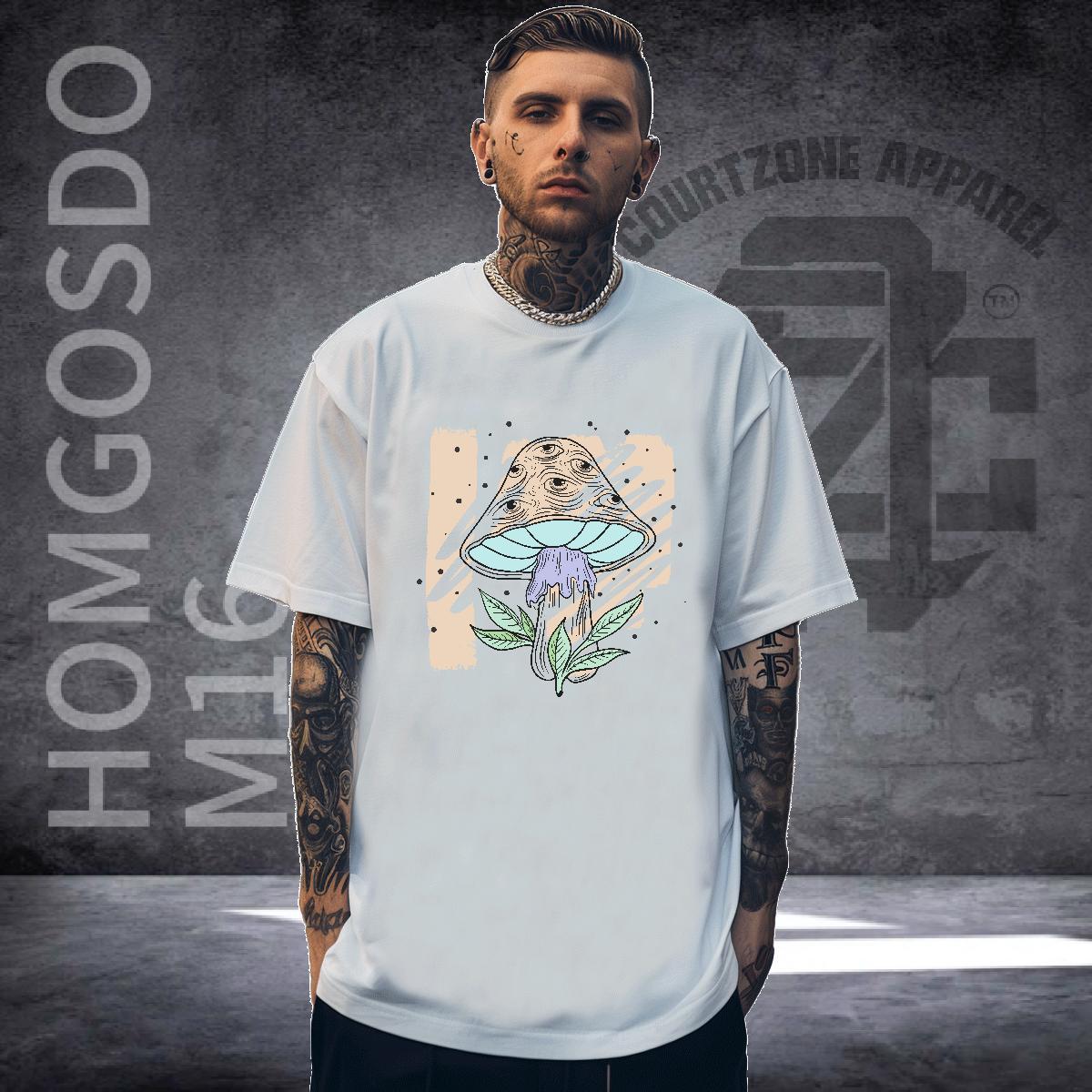 Fashion Design T Shirts Men 230g 100% Cotton mushroom Hip Hop Tshirts Short Sleeve Soft High Quality Men Tees Cartoon Printing L-4XL