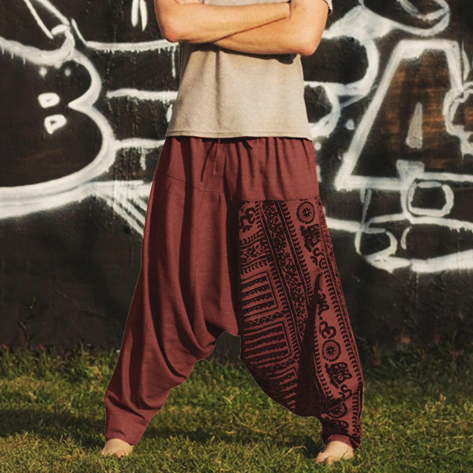 Nationality Style Pants Mens Oversize Baggy Long Casual Print Loose Large Size Trousers Harem Man 240806