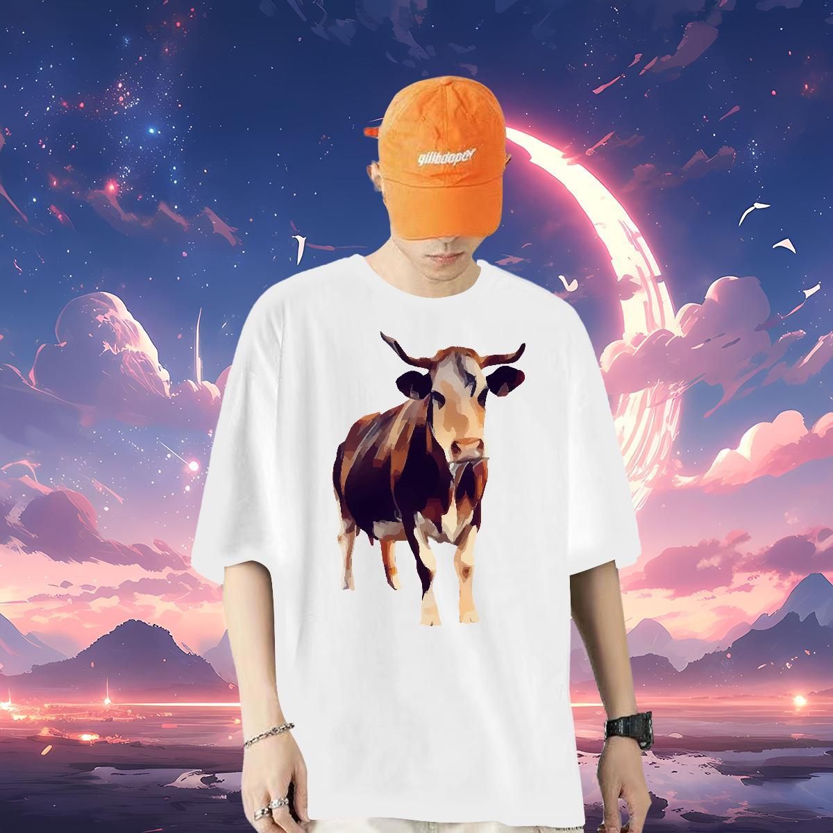 Fashion Casual T-Shirts 230g Pure Cotton cow Daily Wear Tees Shirts Breathable Crew Neck Comfortable Men Tshirts Cartoon Printing L-4XL