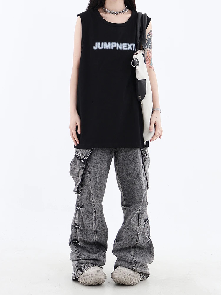 Womens Baggy Y2k Cargo Jeans Harajuku Emo Denim Trousers 90s Streetwear Aesthetic Y2k Jean Pants Vintage 2000s Trashy Clothes 240806
