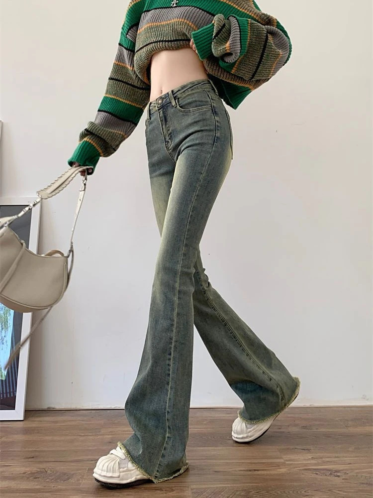 Flare Jeans Women Skinny High Waist Aesthetic Y2k Clothes Denim Trousers Vintage Washed Retro Mopping Korean Strt Z260313