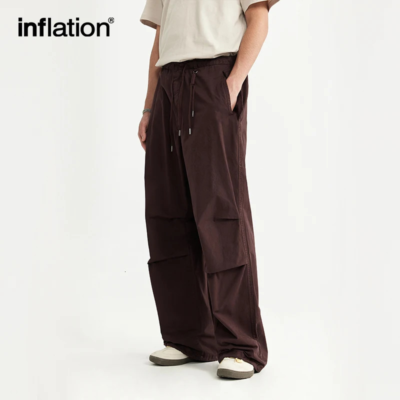 INFLATION Baggy Parachute Pants Streetwear Mens Elastic Waist Washed Cargo Male 100% Cotton Trousers 240806
