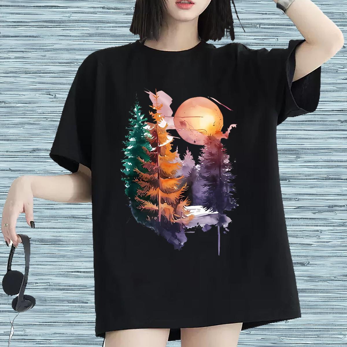 Female T-Shirts Breathable Unisex Tshirts DIY Printed tree Street 100% Cotton 230g 2024 Tops Shirt