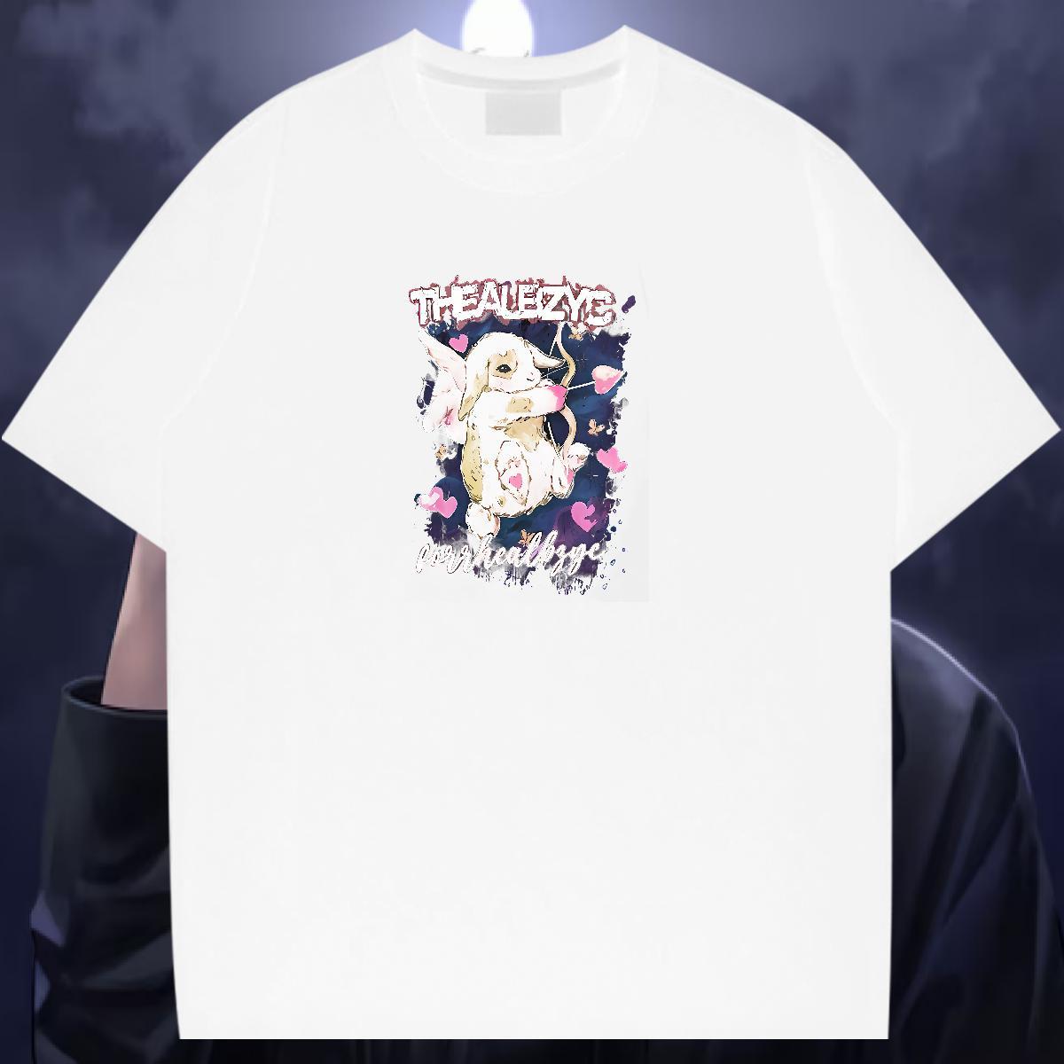 Classic Casual T-Shirts for Men 230g 100% Cotton rabbit High Street Hip Hop Top Tees Crew Neck Loose Fit Tshirts Floral Print