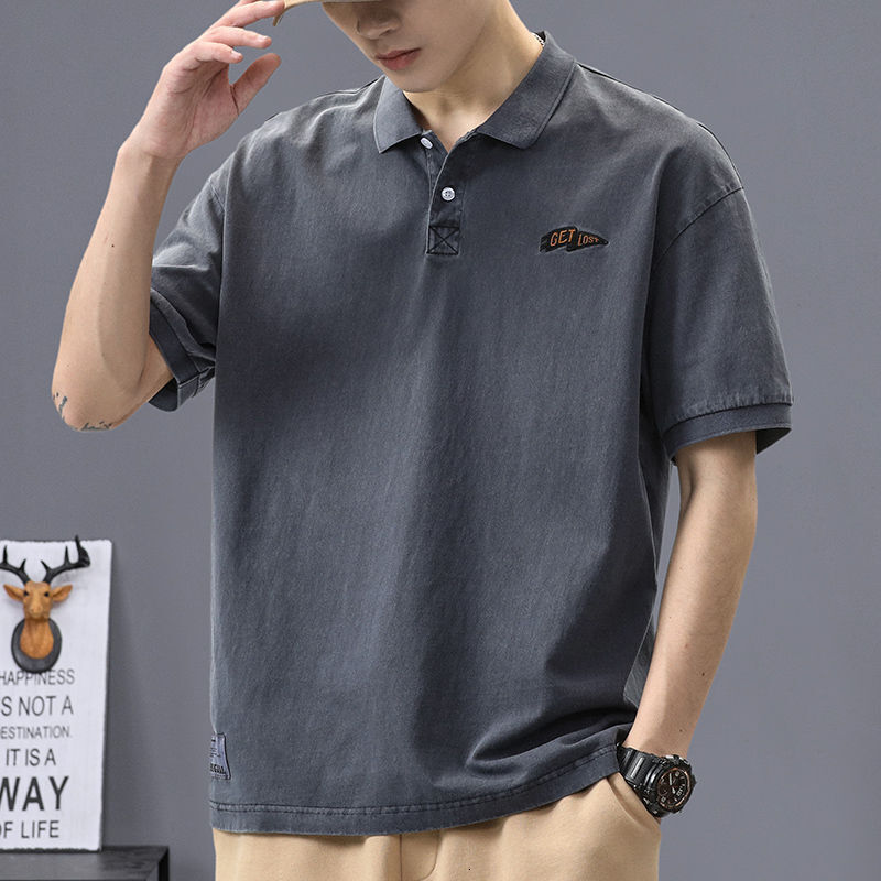 Summer men's American polo shirt with a collar and short sleeved shirt, trendy brand loose oversized T-shirt top