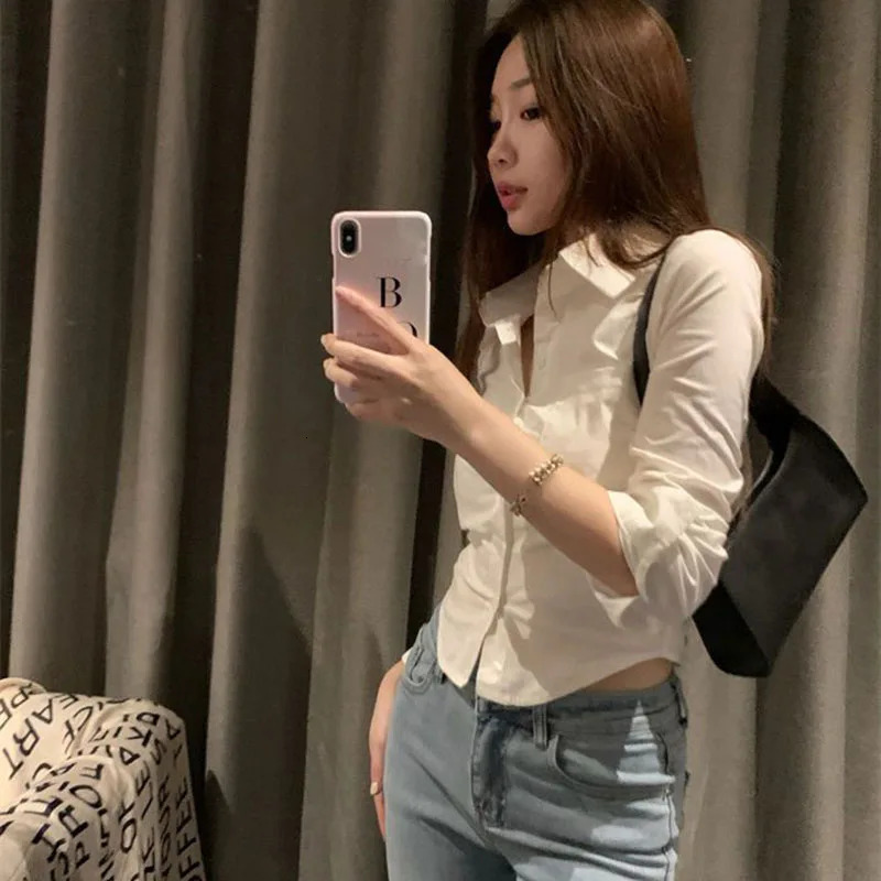 Sexy Skinny Short Women Shirts Spring Autumn Long Sleeve School Uniform Shirt Female Korean Chic Button Up White Shirt Tops 240806