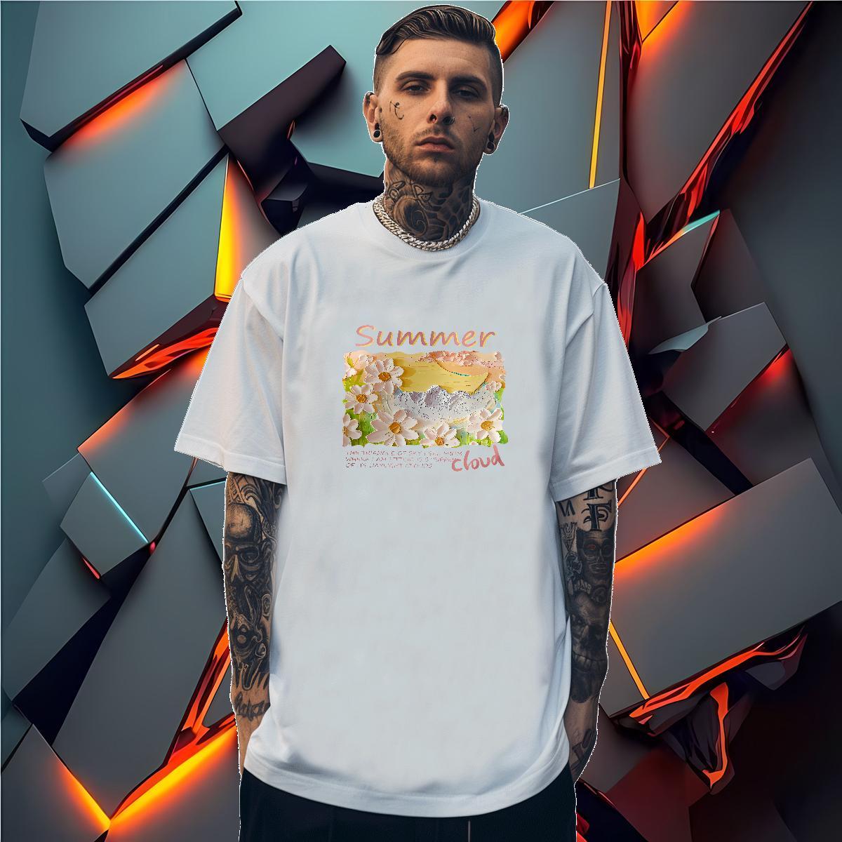 Man T Shirts 230g Cotton flower Daily Outfit Breathable Crew Neck Black Oversized Men Tops Tees Stylist Cool Wear