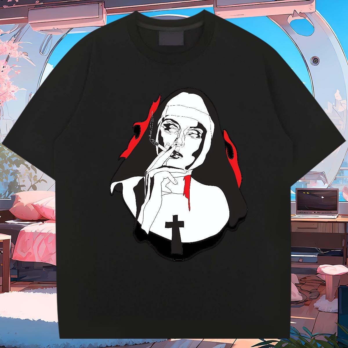 T shirt 230g Cotton nun Daily Wear Round Neck Short Sleeve Floral Print Men Clothes T-Shirt Fashion Casual Unisex Tops Shirt