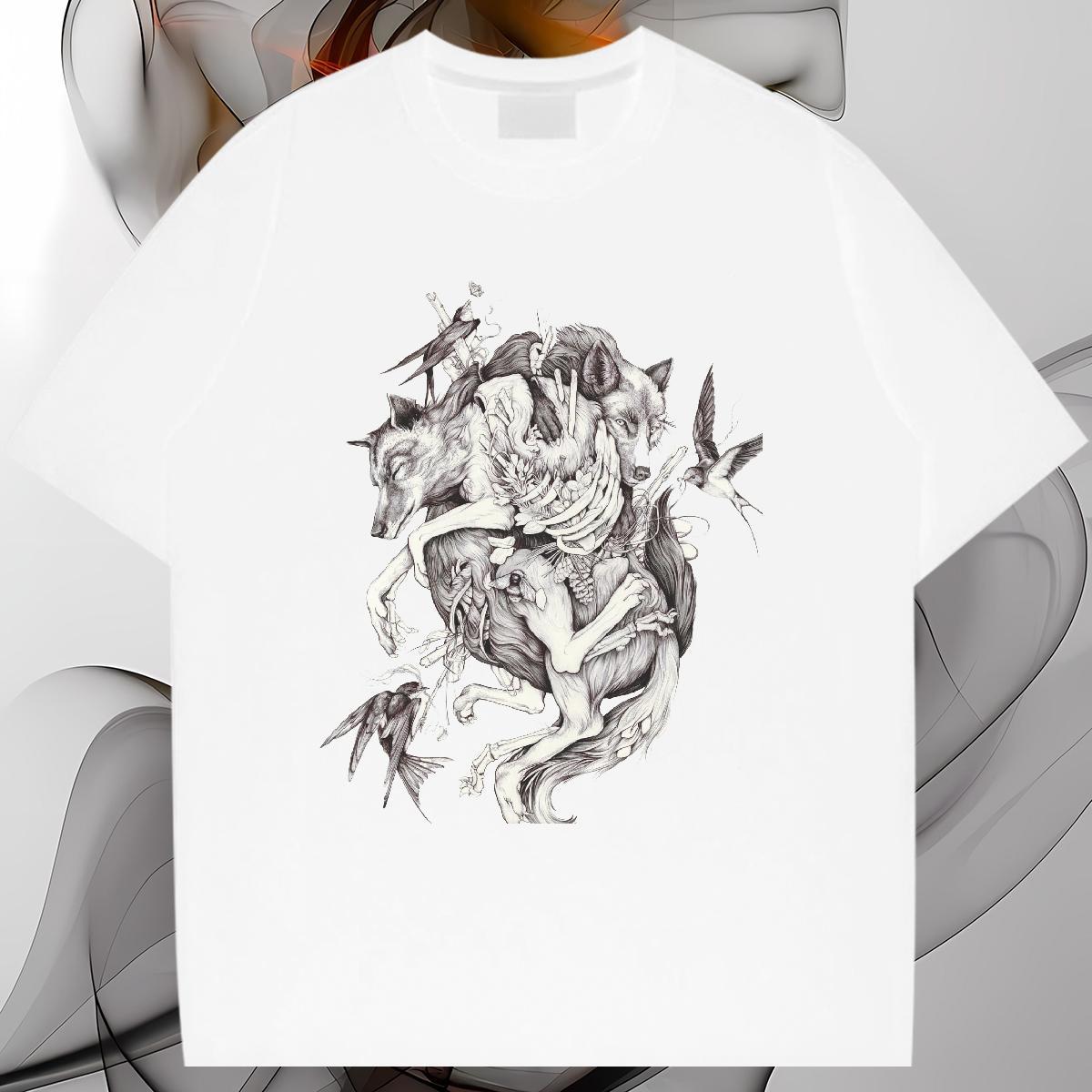2024 DIY Man T Shirts 230g 100% Cotton wolf Casual Beach Tees Crew Neck Soft Men Tops Tees Floral Print
