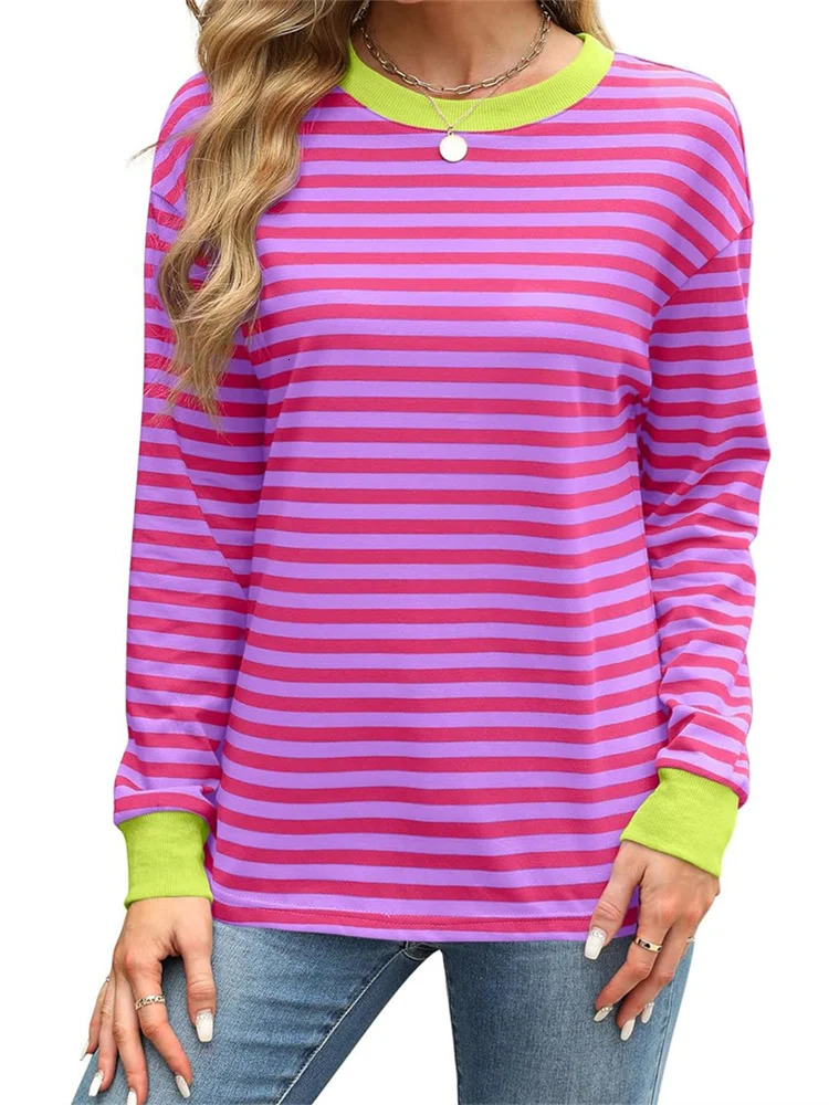 CHRONSTYLE Women Long Sleeve T-shirts Tops Striped Print Round Neck Spring Fall Casual Loose Fit Tees Shirts Streetwear 240806