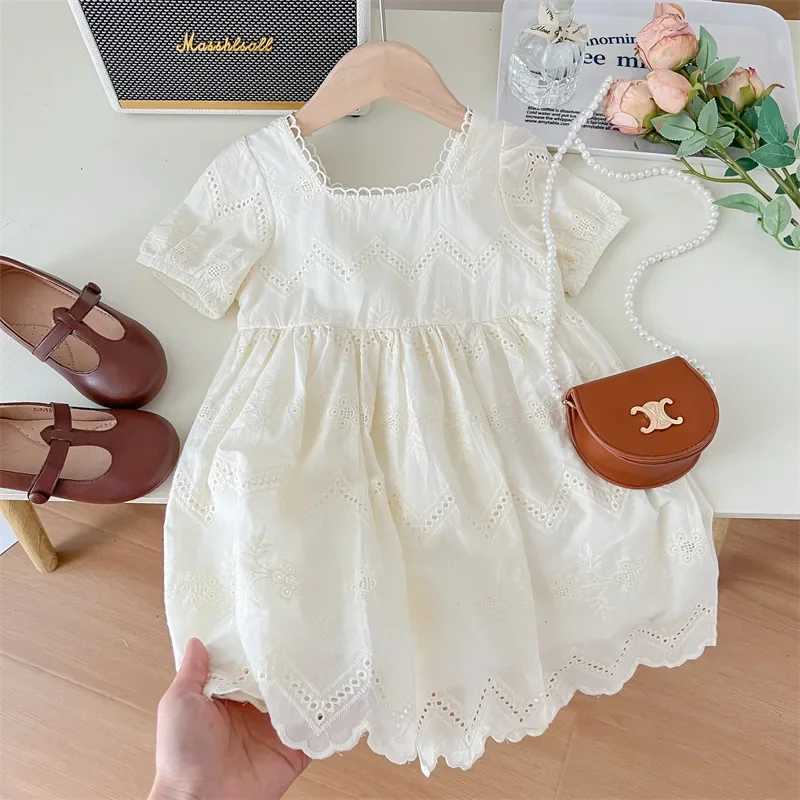 Girls clothing summer girls skiing hollow bubble sleeve dress girls lace short sleeved dress childrens summer skiing dressW240720