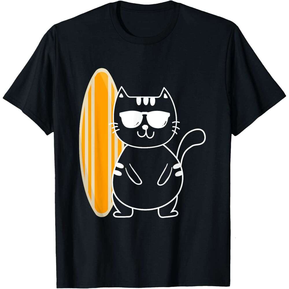 2025S Fashion Designer T Shirt Mens Cat Surfing Surfboard Beach Ocean Waves Surfer T Shirt Shirts Tshirt Graphic Tee Casual Tops Summer Clothes Short 