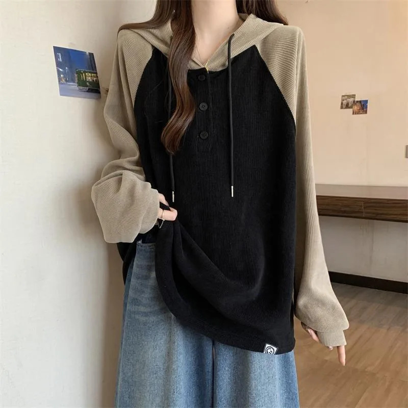 Women Clothing Fashion Casual Long Sleeve Hoodies Spring Autumn Loose Lazy Style Top Tee Office Lady Button Patchwork Pullover 240806
