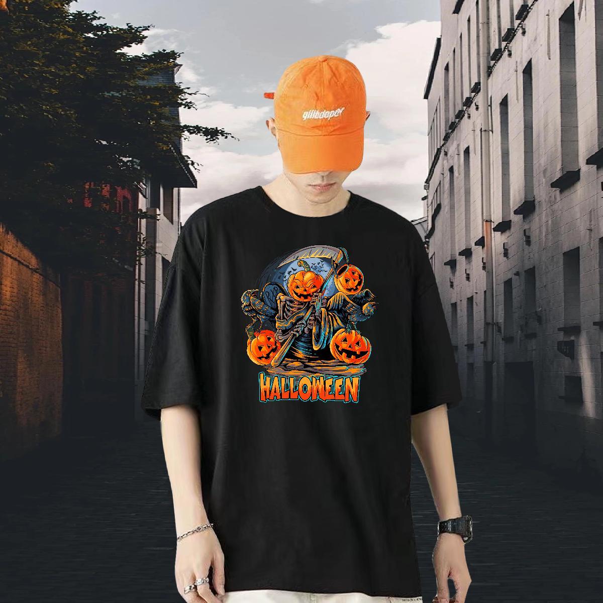 DIY T Shirts Men 230g Pure Cotton pumpkin Sports Casual Clothes O-Neck Short Sleeve Loose Fit Mens Tshirts Black White