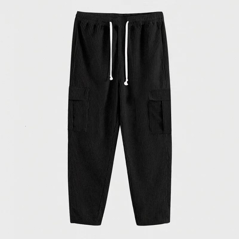Foreign Trade Mens Corduroy Trousers Solid Color Sports Pants Loose Straight MultiPocket Thin Casual Autumn and Winter 240806