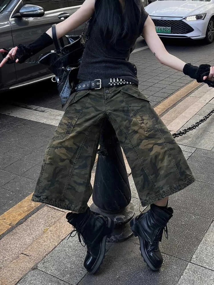 Summer Women American Vintage Japanese 2000s Camo Jorts Jean Shorts Knee Length Denim Pants Y2k Streetwear Harajuku Punk Baggy 240806