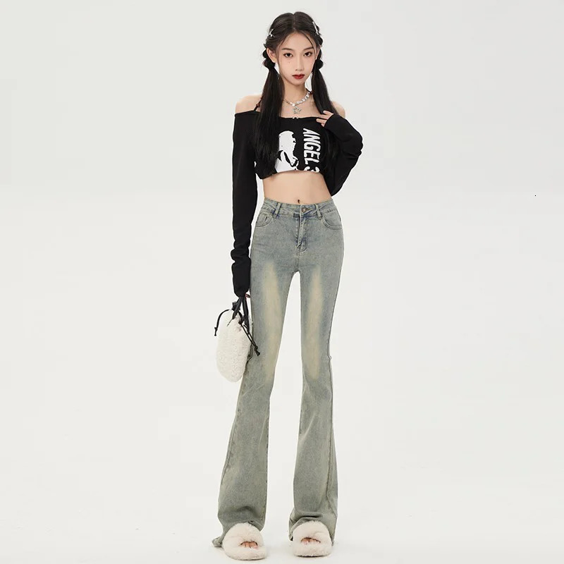 Vintage Blue Flare Women Summer High Waist Slim Skinny Jeans Denim Trousers Korean Style Strt Strtwear Y2K Z260313