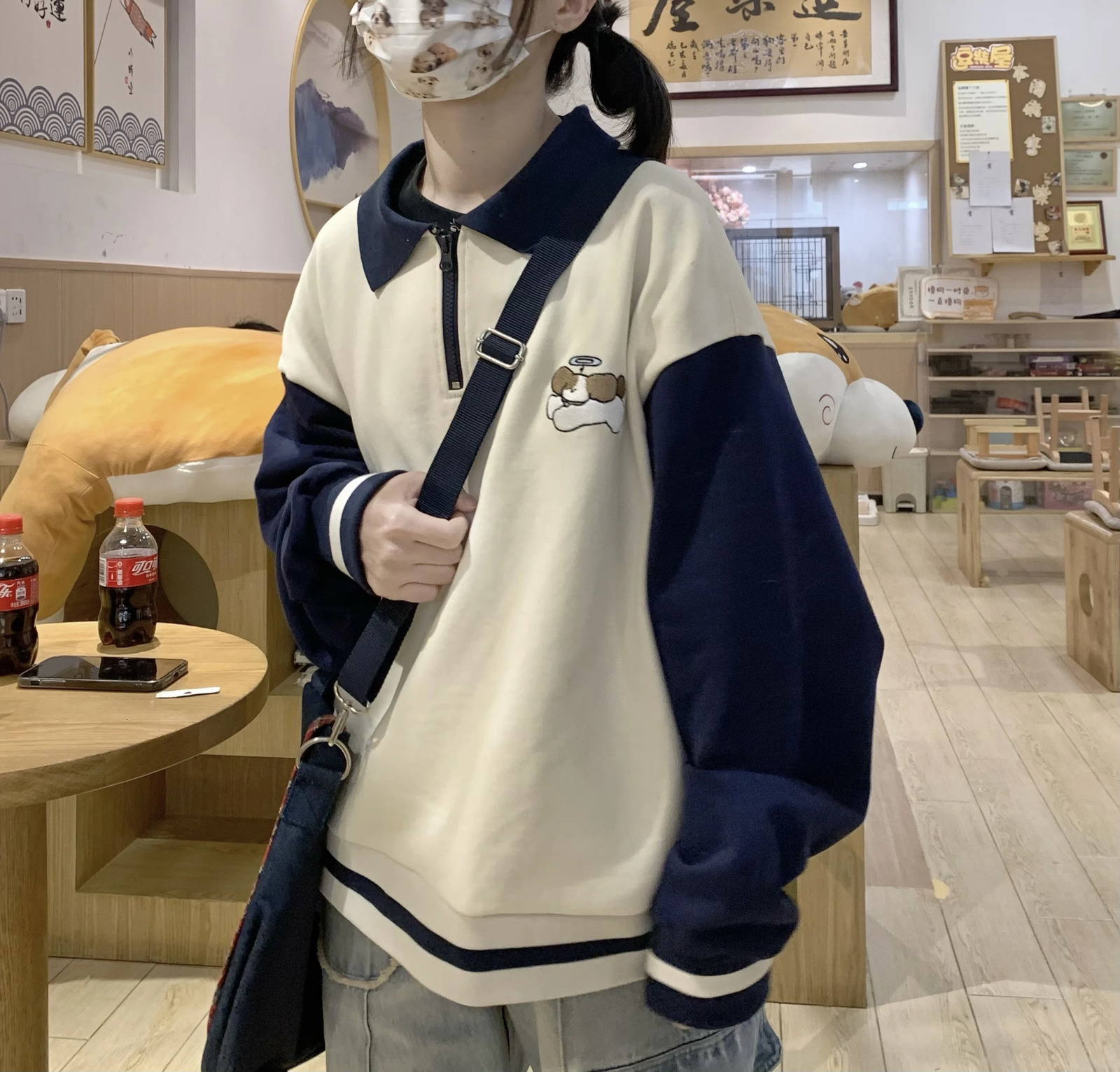 Embroidery Puppy Polo Shirt Women Hoodies Thick Velvet Oversized Sweatshirt Autumn Y2K Harajuku Warm Long Sleeve Shirt Teens 240806