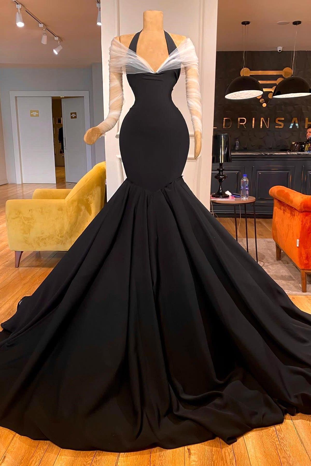 Modern Satin Mermaid Prom Halter Transparent Tulle Long Sleeves Sweep Train Special Ocn Dresses Bc19304 0219