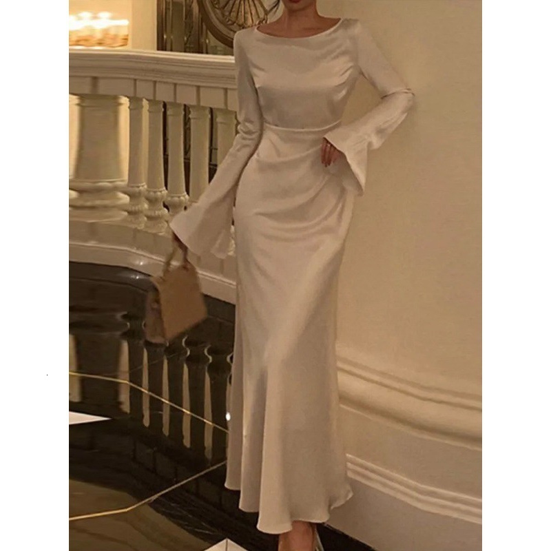 Articat Bodycon Long Sleeve Womens Dress Party Club Evening Female Slim Fit Round Neck Solid Autumn 240115