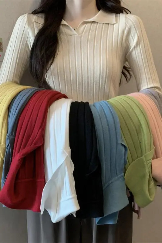 Autumn and winter womens fashionable polo shirt long sleeved slim fit top knitted sweater Y2k top T-shirt 240827