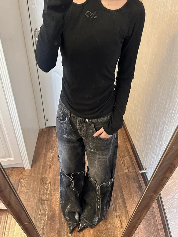 ADAgirl Y2k Baggy Goth Vintage Jeans Women Harajuku Hip Hop Casual Bandage High Waist Denim Pants Streetwear Chic Black Trousers 240806