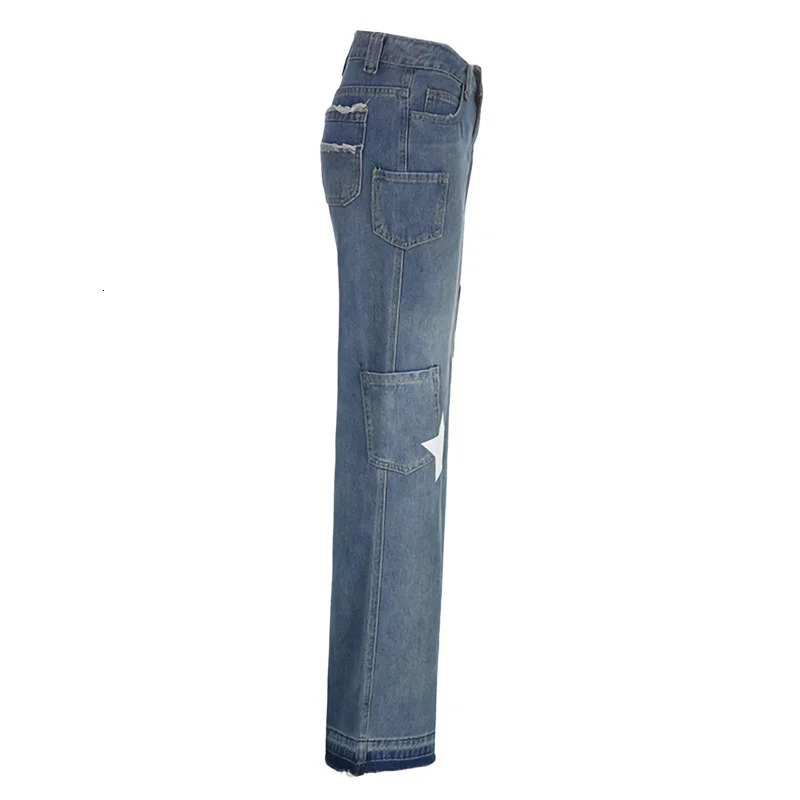 y2k Star Jeans Women Fairy Grunge Aesthetic Low Waist Flared Pants with Pockets Spring Fall Trousers 2000s Streetwear 240806