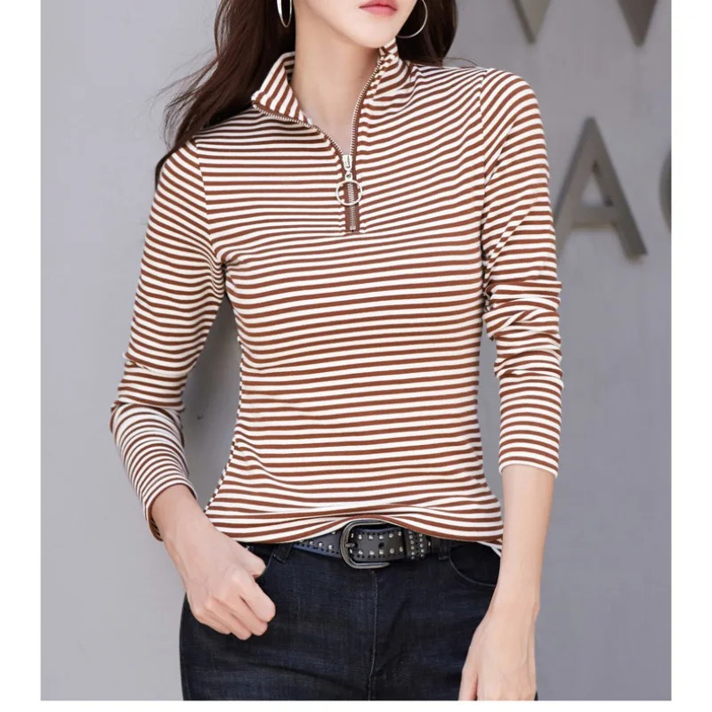 Spring and Autumn Womens Pullover Half High Neck Zipper Solid Stripe Contrast Long Sleeve T-shirt Underlay Elegant Casual Tops 240806