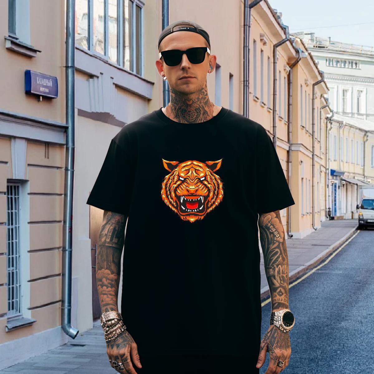 T Shirt For Man 230g Cotton tiger Hip Hop O-Neck Short Sleeve DIY Printed Couples T Shirts Classic Casual Soft Tops Shirt