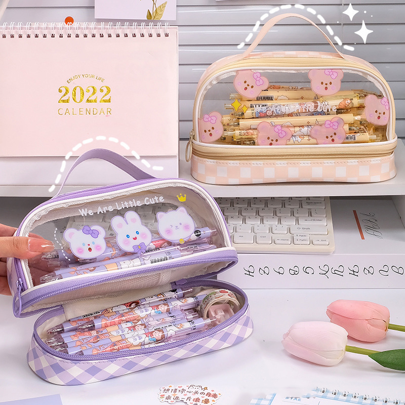 Double layer pencil case, transparent cartoon large capacity pencil case, hand-held student stationery storage bag internet famous cute makeup bag